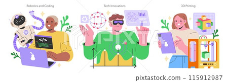 Maker Culture concept Enthusiasts delve into robotics, breakthrough technologies, and the marvels of 3D printing Future shapers in a digital world Vector illustration 115912987