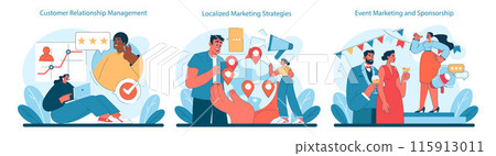 Marketing 5.0 set. Fostering customer relationships, tailoring local market tactics, and boosting events through sponsorships. Customer-centric strategies. Vector illustration. 115913011