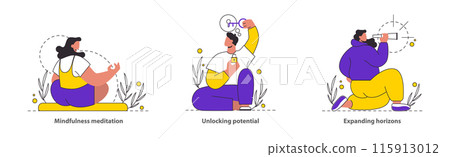 Personal Development concept Tranquil meditation, unlocking the mind's potential, and the quest for broader vistas Illustrative moments of calm, insight, and vision Simple yet profound storytelling 115913012