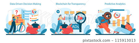 Data-driven, Predictive Analysis and Blockchain set. Utilizing big data for decisions, ensuring ad transparency, and leveraging predictive models. Flat vector illustration. Data-driven, Predictive Analysis and Blockchain set. Utilizing big data for decisions, ensuring ad transparency, and leveraging predictive models. Flat vector illustration. 115913013