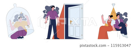 Human fears set. Scared characters confronting personal phobias. Frightened anxious person suffering from panic disorder. Psychological problem. Flat vector illustration Human fears set. Scared characters confronting personal phobias. Frightened anxious person suffering from panic disorder. Psychological problem. Flat vector illustration 115913047