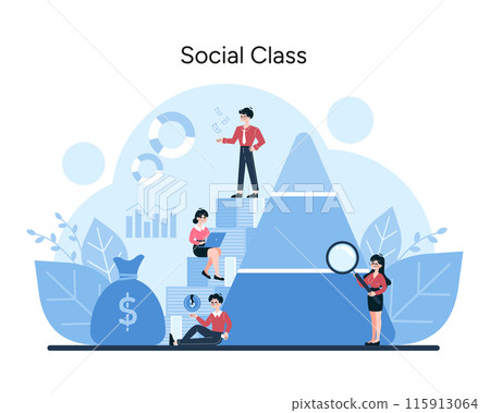 Social Class segmentation. Engaging vector artwork displaying the assessment of economic status in consumer market division. Vector illustration 115913064