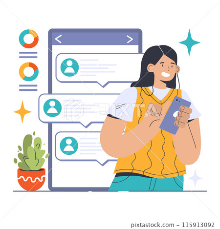 Instant Messaging concept. Woman swiftly communicates with peers through a digital chat platform, embracing quick online interactions. Seamless mobile connection. Flat vector illustration 115913092