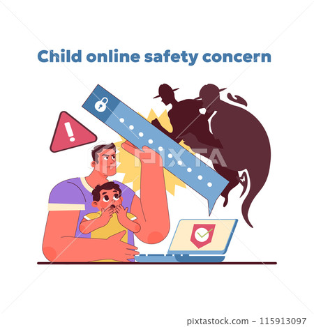 Child online safety concern concept. Father shields son from cyber dangers, emphasizing internet security for young. Cautionary digital tale. Protection from online strangers. Vector illustration 115913097