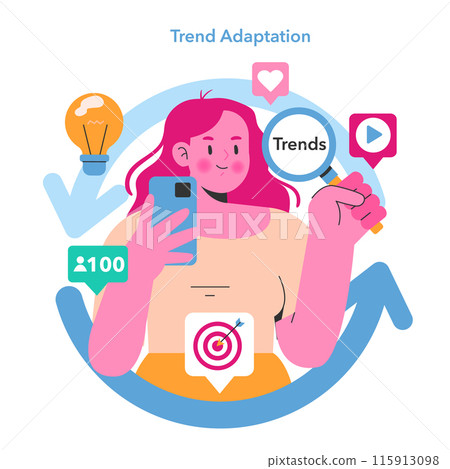Content Creation concept. A person engaging with current trends for effective digital strategy. Creativity and goal achievement in social media marketing. Vector illustration. 115913098