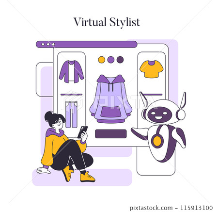 Fashion tech concept. A woman uses a smartphone app with a virtual stylist robot for personalized fashion advice. Digital wardrobe selection. Vector illustration. 115913100