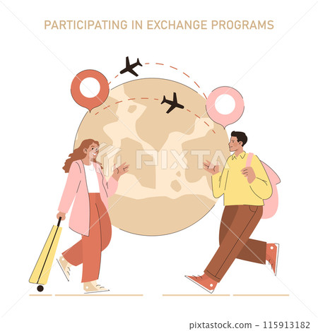 Cultural Exchange Program concept. Illustration of students traveling for education, fostering global connections and cultural diversity. Vector illustration. 115913182