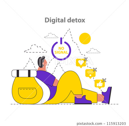 Overcoming FOMO concept. Person enjoying a break from technology under 'No Signal' sign, showing the benefits of digital detox. Time offline, mental health improvement. Vector illustration. 115913203