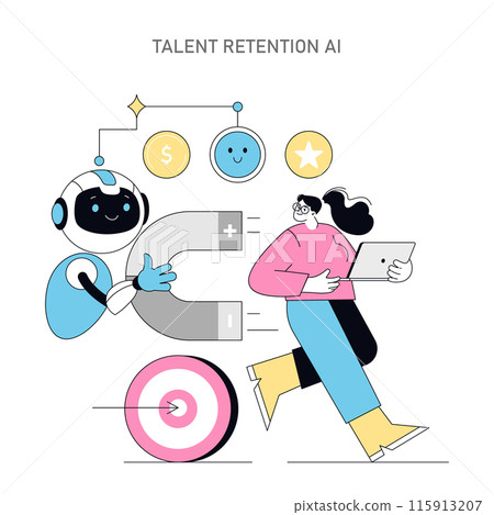 AI in HR concept. Illustration of a robot aiding in talent retention with positive outcomes. Employee engagement, job satisfaction, goal alignment in focus. Vector illustration. AI in HR concept. Illustration of a robot aiding in talent retention with positive outcomes. Employee engagement, job satisfaction, goal alignment in focus. Vector illustration. 115913207