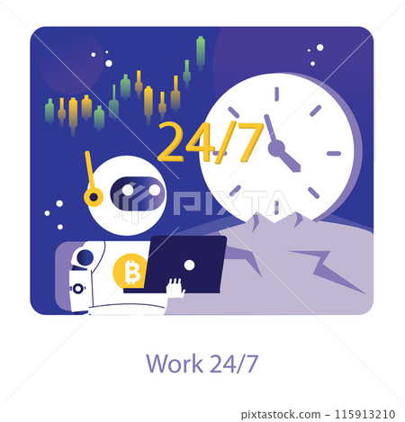 Round-the-clock work concept. The illustration depicts a crypto trading bot tirelessly operating around the clock, ensuring continuous market presence and trading opportunities. Vector illustration. Round-the-clock work concept. The illustration depicts a crypto trading bot tirelessly operating around the clock, ensuring continuous market presence and trading opportunities. Vector illustration. 115913210