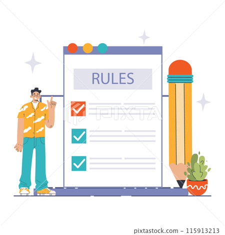 Compliance Audit concept. Confident man points to a checklist, ensuring all rules are met. Large pencil signifies meticulous scrutiny and attention to regulations. Flat vector illustration 115913213