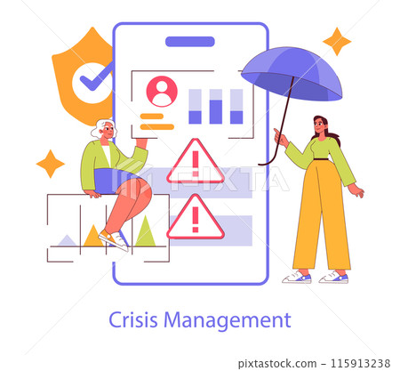 Digital Strategy concept. Illustration of individuals managing online crisis with data analysis and protection mechanism. Proactive measures in digital emergencies. Vector illustration. Digital Strategy concept. Illustration of individuals managing online crisis with data analysis and protection mechanism. Proactive measures in digital emergencies. Vector illustration. 115913238
