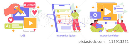 Interactive Engagement set. Digital interaction, social media engagement, and user interface elements. Branding, quizzes, and video interaction illustrated. Vector illustration. Interactive Engagement set. Digital interaction, social media engagement, and user interface elements. Branding, quizzes, and video interaction illustrated. Vector illustration. 115913251