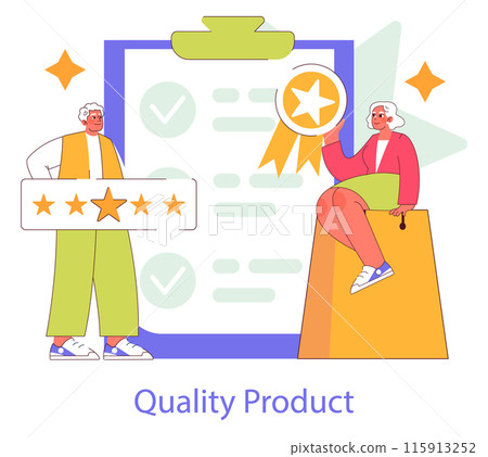 Brand Trust concept. Consumers evaluating product quality. Positive feedback with five-star rating and approval checkmarks. Satisfaction guarantee. Vector illustration. Brand Trust concept. Consumers evaluating product quality. Positive feedback with five-star rating and approval checkmarks. Satisfaction guarantee. Vector illustration. 115913252