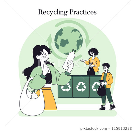 Eco-friendly Lifestyle concept. Individuals participate in recycling efforts, contributing to environmental conservation. Community engaging in sustainable practices. Vector illustration. Eco-friendly Lifestyle concept. Individuals participate in recycling efforts, contributing to environmental conservation. Community engaging in sustainable practices. Vector illustration. 115913258