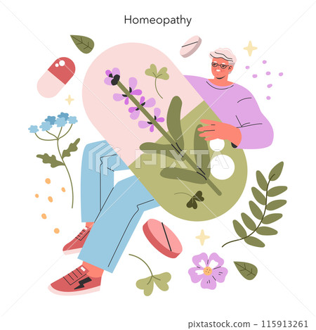 Alternative Medicine concept. Illustration with person surrounded by plants representing homeopathy. Healing herbs and natural remedies. Vector illustration. 115913261