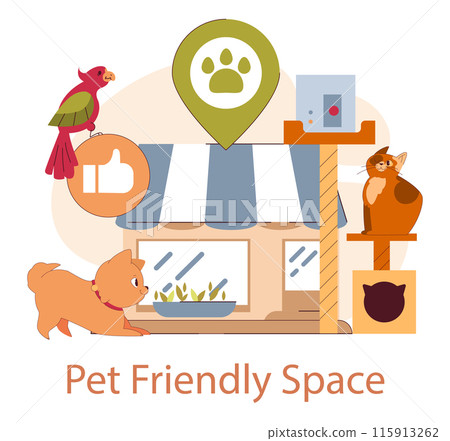 Pet Friendly Space concept. Welcoming area for animals with icons of cats, dogs, and birds. Inclusive design for pets. Vector illustration. 115913262