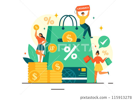 Cashback Vector Illustration with Financial Payment to Money Cashback Service for a Buyer in a Flat Cartoon Style Background Cashback Vector Illustration with Financial Payment to Money Cashback Service for a Buyer in a Flat Cartoon Style Background 115913278