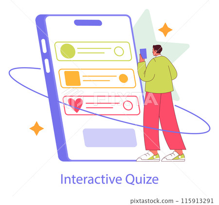 Interactive Engagement concept. A person engages with a mobile quiz app, highlighting user interaction with online content. Digital learning and entertainment. Vector illustration. Interactive Engagement concept. A person engages with a mobile quiz app, highlighting user interaction with online content. Digital learning and entertainment. Vector illustration. 115913291