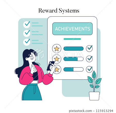 Health gamification concept. Engaging with a smartphone app that tracks fitness achievements and rewards. Interactive healthy lifestyle motivation. Vector illustration. 115913294