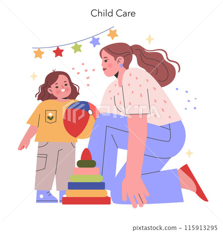 Child Care concept. A nurturing moment between a woman and a child playing with toys indoors. Warm interaction, educational playtime, and child development themes. Vector illustration. 115913295