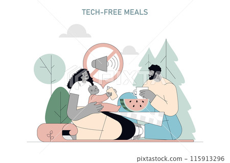 Digital Detox concept. A family enjoying a meal outdoors sans technology, embracing a serene environment. Connection, relaxation, and tech moderation. Vector illustration. 115913296