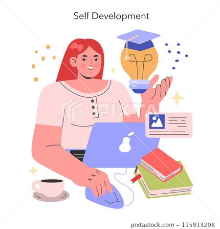 Self Development concept. A smiling woman engages in online learning with a laptop, books, and a light bulb graduation cap. Lifelong education and skill enhancement. Vector illustration. Self Development concept. A smiling woman engages in online learning with a laptop, books, and a light bulb graduation cap. Lifelong education and skill enhancement. Vector illustration. 115913298
