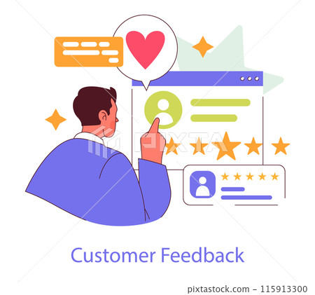 Customer Engagement concept. Illustrating interaction with feedback platforms through ratings and reviews. Digital client satisfaction and user experience analysis. Vector illustration. Customer Engagement concept. Illustrating interaction with feedback platforms through ratings and reviews. Digital client satisfaction and user experience analysis. Vector illustration. 115913300