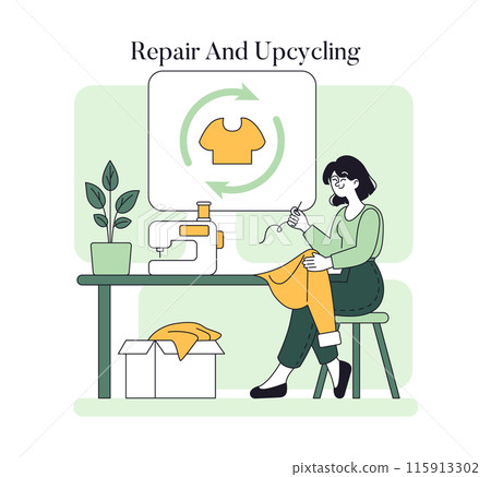 Sustainable Fashion concept. Woman sewing to repurpose clothing, emphasizing the eco-friendly practice of repair and upcycling. Circular fashion lifecycle. Vector illustration. Sustainable Fashion concept. Woman sewing to repurpose clothing, emphasizing the eco-friendly practice of repair and upcycling. Circular fashion lifecycle. Vector illustration. 115913302