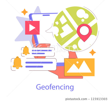 Geofencing concept. Digital boundary creation using GPS for marketing and security, with mobile alerts and location services. Vector illustration. Geofencing concept. Digital boundary creation using GPS for marketing and security, with mobile alerts and location services. Vector illustration. 115913303