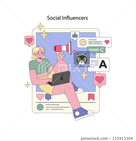 Social Influencers concept. A content creator engages with followers on a social media platform, sharing trendy posts. Online engagement and digital marketing. Vector illustration. 115913304