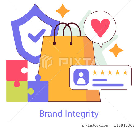 Brand Trust concept. Illustration portraying customer loyalty and high reputation through a shield, heart, shopping bag, puzzle pieces, and a five-star review. Vector illustration. 115913305