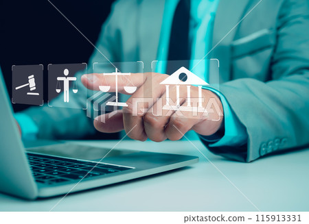 Businessman pointing his finger at virtual global law icons on for business legal advice, Labor law, Attorney at law, Legal advice business concept, Lawyer icon, Lawyer man, Lawyer background. Businessman pointing his finger at virtual global law icons on for business legal advice, Labor law, Attorney at law, Legal advice business concept, Lawyer icon, Lawyer man, Lawyer background. 115913331