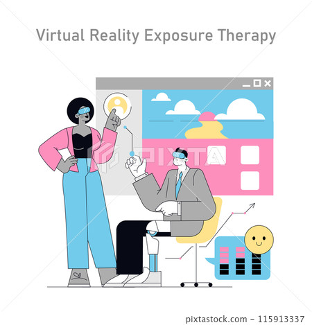 Gamification in psychotherapy concept. Therapist guiding patient through virtual reality therapy, enhancing engagement and progress. Vector illustration. Gamification in psychotherapy concept. Therapist guiding patient through virtual reality therapy, enhancing engagement and progress. Vector illustration. 115913337