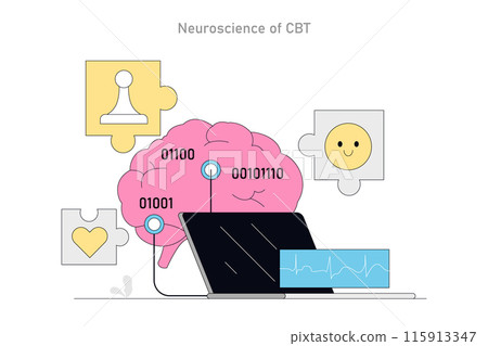 Cognitive Behavioral Therapy concept. A stylized brain with puzzle pieces connects emotions and digital data. Therapeutic process and mental health improvement. Vector illustration. Cognitive Behavioral Therapy concept. A stylized brain with puzzle pieces connects emotions and digital data. Therapeutic process and mental health improvement. Vector illustration. 115913347