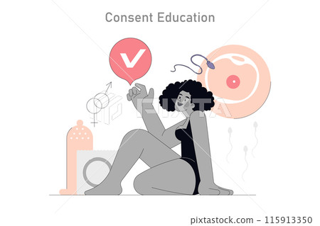 Psychosexology concept. An illustration presenting consent education with inclusive graphics and gender symbols. Vector illustration. 115913350