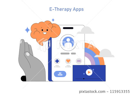 Telepsychology concept. Digital therapy with a smiling brain character representing app-driven mental health support. Vector illustration. 115913355