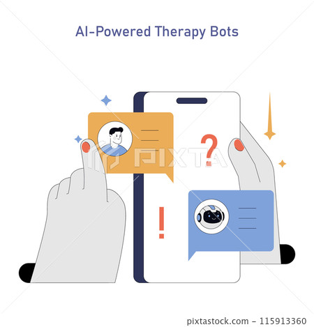 AI-Powered Therapy Bots concept. Illustrating interaction with artificial intelligence for mental health support. Human and robot engaging in conversation. Vector illustration. 115913360