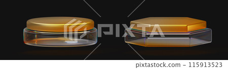 3d gold glass round and hexagon stand podium render set. Golden crystal luxury stage, empty pedestal. Award scene template for winner or product display isolated on black background. 3D illustration 3d gold glass round and hexagon stand podium render set. Golden crystal luxury stage, empty pedestal. Award scene template for winner or product display isolated on black background. 3D illustration 115913523
