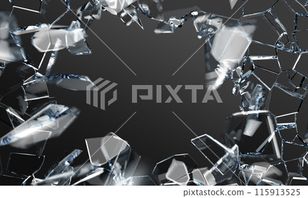 3d broken or explosion glass, flying sharp pieces of blue crystal, mirror or window on black background. Abstract render of transparent crashed beaten shatters or shard ice fragments. 3D illustration 3d broken or explosion glass, flying sharp pieces of blue crystal, mirror or window on black background. Abstract render of transparent crashed beaten shatters or shard ice fragments. 3D illustration 115913525