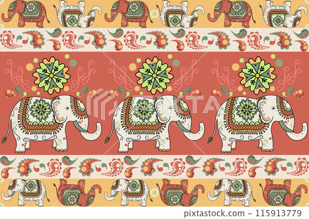 Elephant seamless pattern. Ethnic elephant with ornate border traditional decorated elephant design for carpet, wallpaper, clothing, textile, wrapping, Batik, fabric, tile, and embroidery style. 115913779