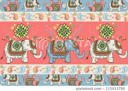 Elephant seamless pattern. Ethnic elephant with ornate border traditional decorated elephant design for carpet, wallpaper, clothing, textile, wrapping, Batik, fabric, tile, and embroidery style. 115913780
