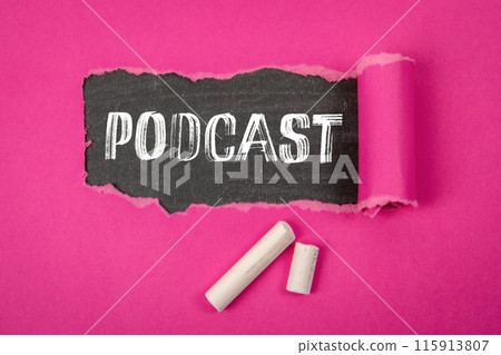 Podcast. Wordt under torn purple paper on a blackboard 115913807