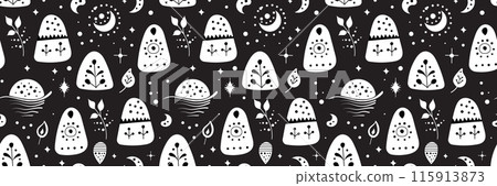 Seamless neo folk art vector pattern with mountains, moon and flowers, black and white floral design. Neo folk style endless background perfect for textile design. 115913873