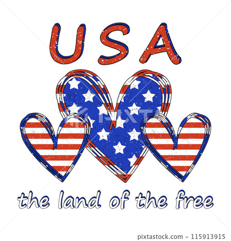 Patriotic Design Featuring USA Text and Heart Shapes in American Flag Colors. Ideal for Festive Celebrations. Red, White, Blue Stars and Stripes Independence Day. Vector illustration Patriotic Design Featuring USA Text and Heart Shapes in American Flag Colors. Ideal for Festive Celebrations. Red, White, Blue Stars and Stripes Independence Day. Vector illustration 115913915