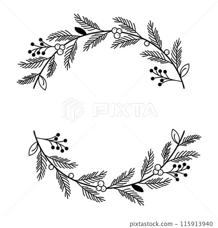 Black and White Monochromatic Floral Wreath with Leaves and Berries on White Background. Minimalistic Botanical Round Border. Vector illustration 115913940
