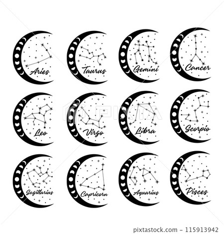 Art Illustration of Zodiac Constellations, Moon Phases, Mystical Celestial Symbols. Night Sky Elements. Galaxy Astrology. Vector illustration 115913942