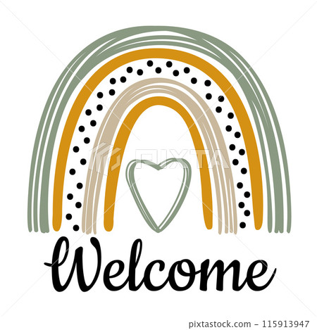 Pastel Rainbow Welcome Lettering and Heart Print for TShirts. Motivational Phrase. Inspirational Quote Print for Clothes. Modern Typographic Slogan in Pastel Rainbow. Vector illustration 115913947