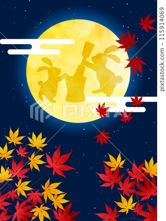 Moon viewing, full moon, rabbit, illustration, background, autumn leaves, autumn, vertical 115914069