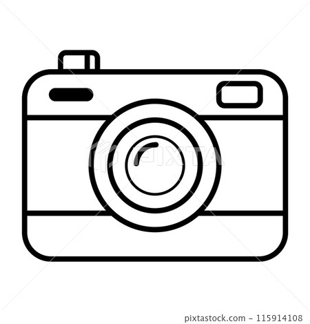 Black and White Classic Camera Line Drawing with Minimalist Design. Monochrome Photography Equipment Sketch. Vintage Digital Camera. Simple Iconic Tech Device Illustration. Vector illustration 115914108